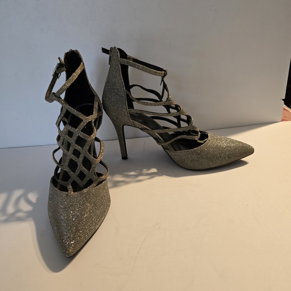 Fioniโ Womens Glitter Cage Pumps Pointed Toe Strappy Stiletto Heels Size 10